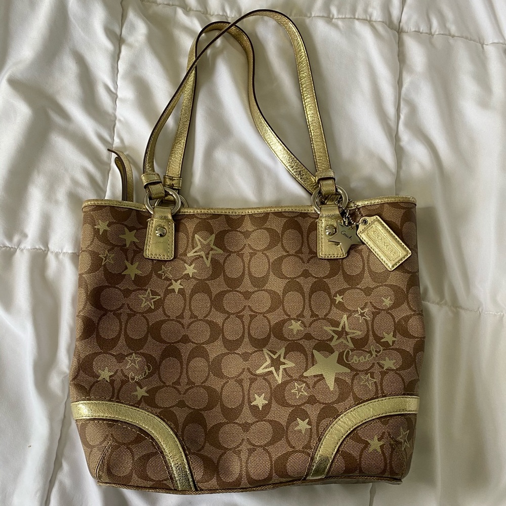 coach heritage star signature c gold brown tote